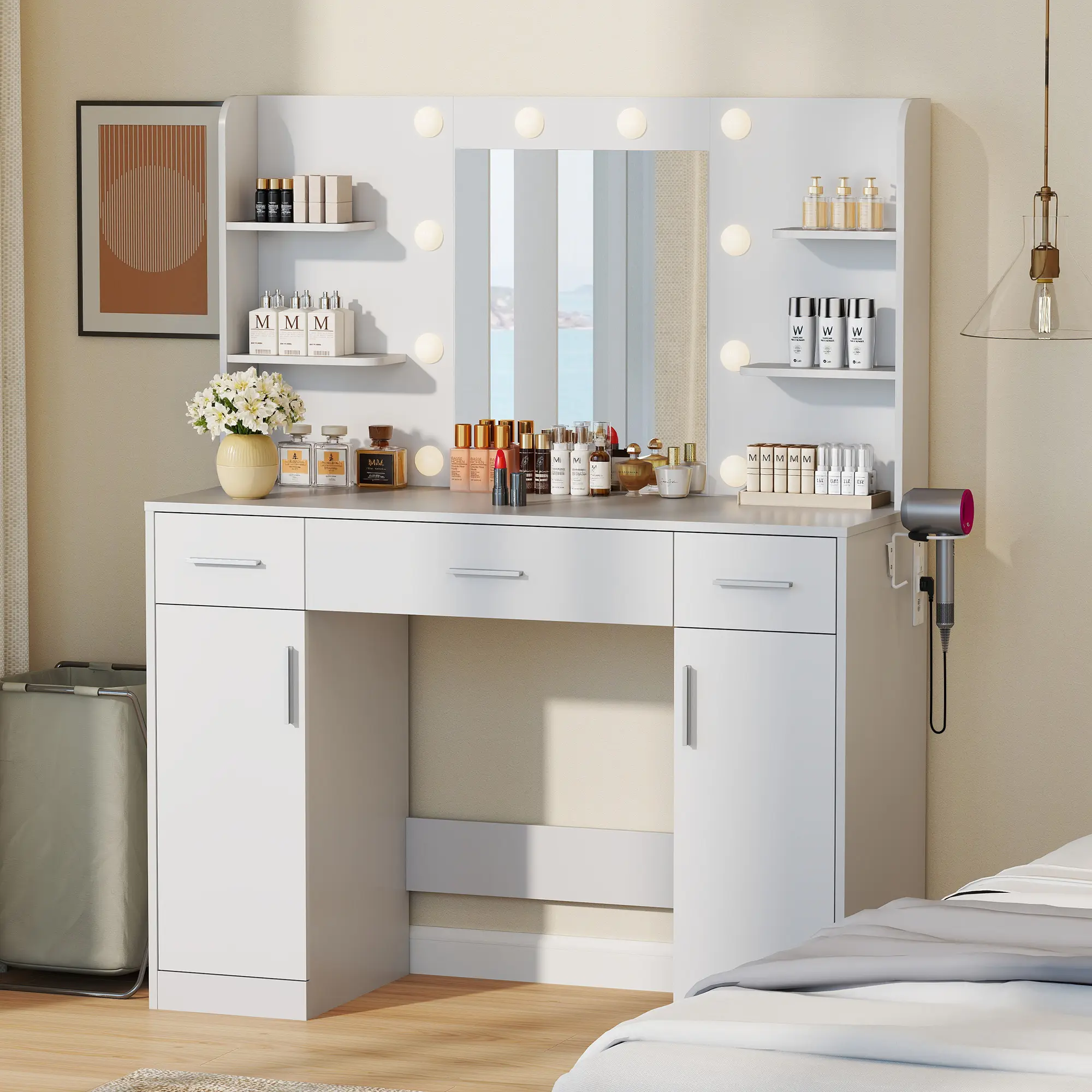 Makeup Vanity Desk with Lighted Mirror & Power Station, Large Storage Dressing Table with 3 Drawers, 2 Cabinets & Free Side Hair Dryer Rack for Bedroom