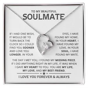 “To My Beautiful Soulmate” heart necklace gift set with box — couples’ gifts, “To My Soulmate” necklace, birthday/Christmas jewelry, romantic gifts for my wife with message card, personalized gift pendant for a future wife or soulmate girlfriend
