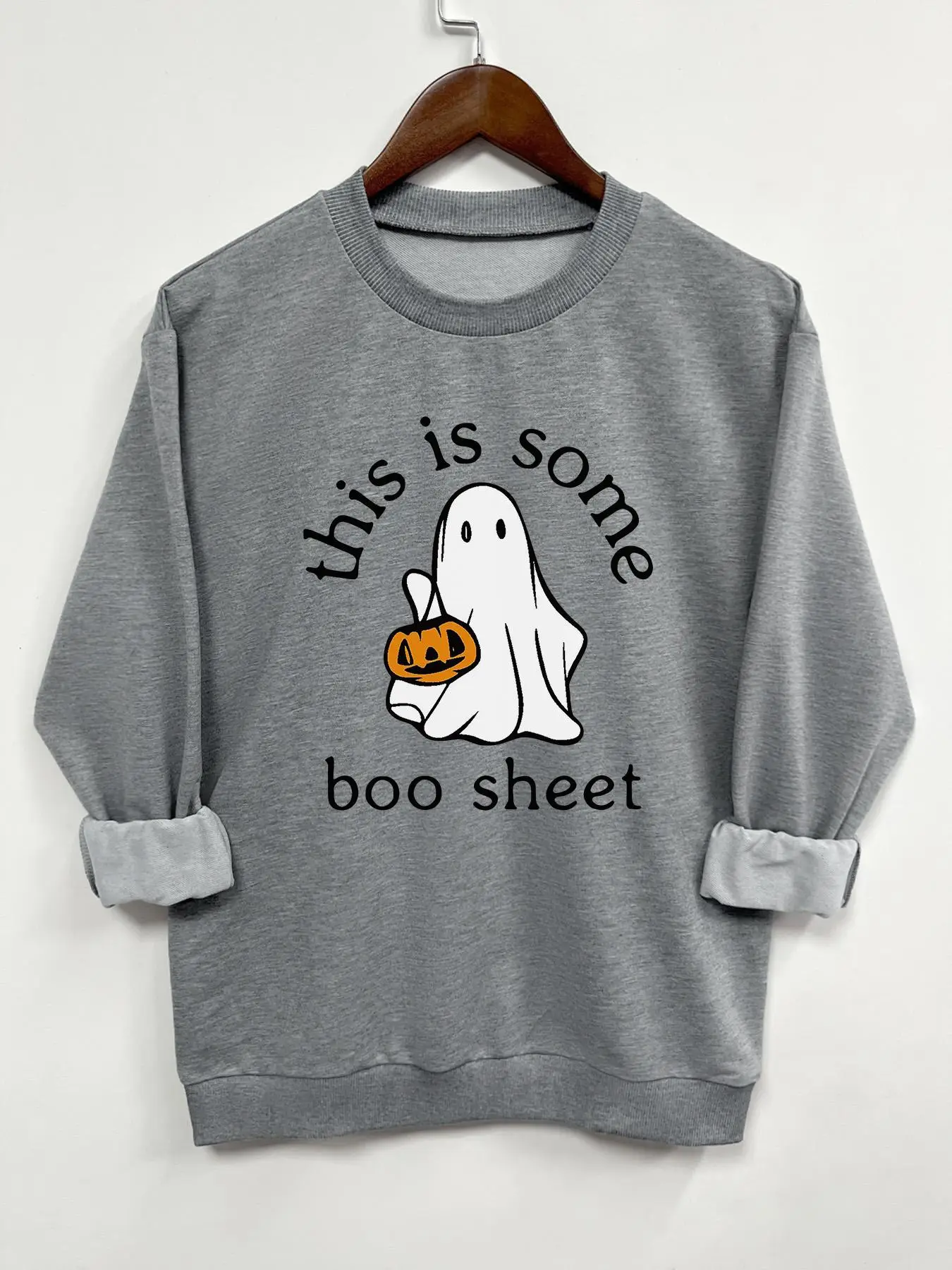 Women's Halloween Themed Cartoon Ghost & Letter Print Drop Shoulder Sweatshirt, Casual Long Sleeve Round Neck Pullover for Daily Wear, Ladies Fall Clo