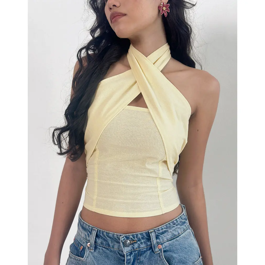 Lasy Linen Wrap Halterneck Top in Lemon