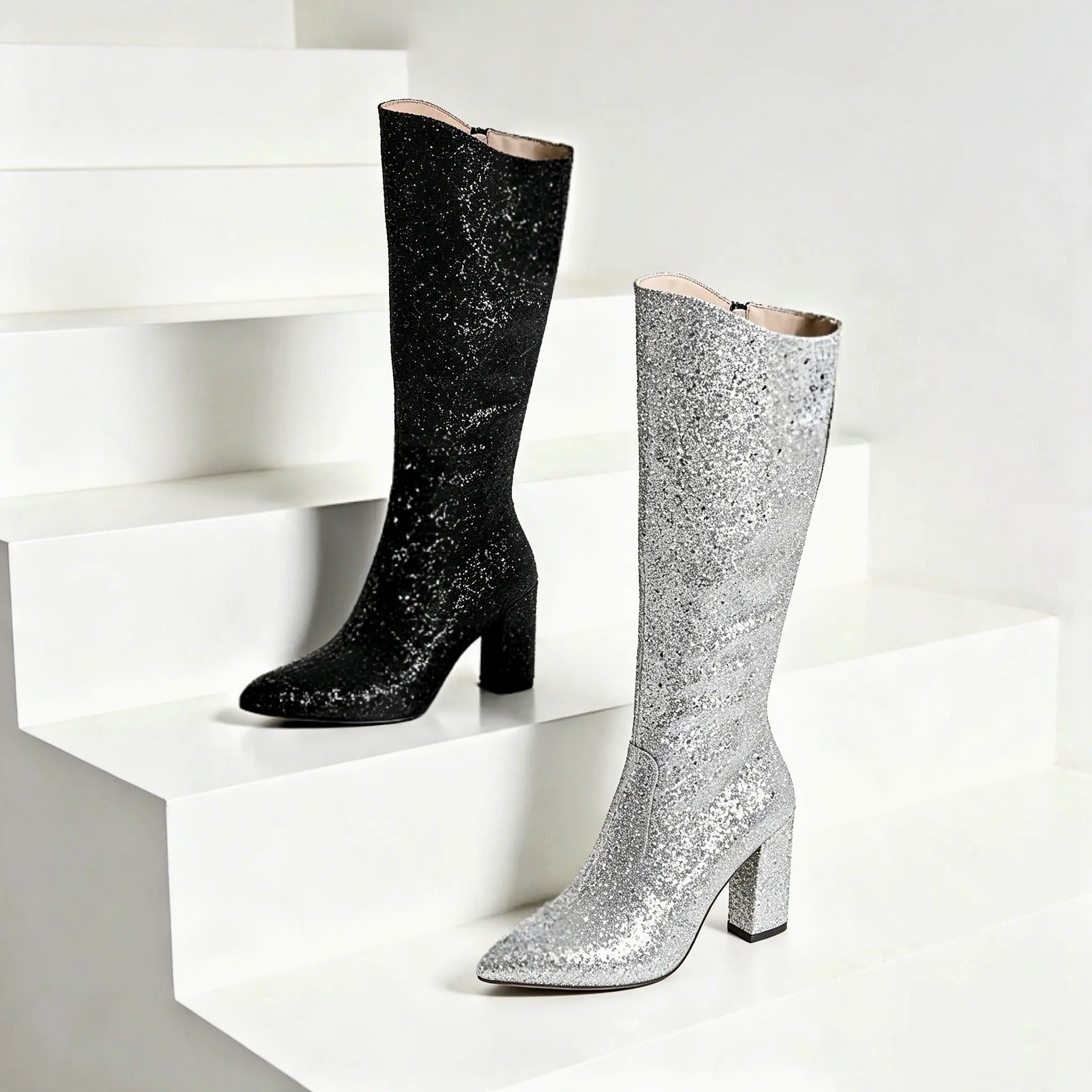Women's Disco-Style Glitter Sequin Knee-High Pointed-Toe Boots, 10cm Block Heel, Party & Evening Dress Footwear, Versatile Trendy Daily & Street Wear Fashion Boots
