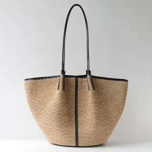 Spring Summer New Arrival Casual Vacation Drawstring Large Capacity Tote Bag, Single Shoulder Woven Tote Bag, Women's Vacation Woven Bag, Carryall Tote Bag