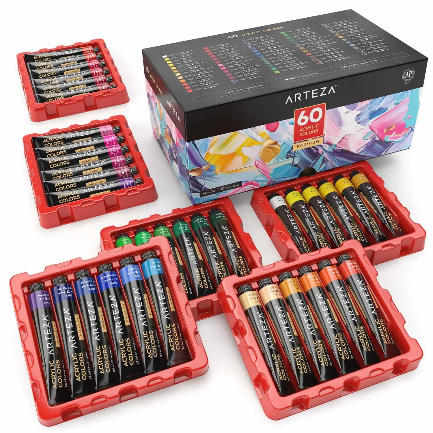Arteza Acrylic Painting Supplies Set - 60pc 22ml Acrylic Tubes, Bold Coloring, Creamy Texture, Full Coverage, High Pigment, Quick Drying, Crisp Detailing for Artists, Ideal for Paper Projects (ARTZ-8153)