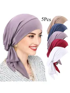 5 Pack Elastic Headscarf Hats, Polyester Muslim Turban Hijab Caps, Women's Hair Protection Scarves, Comfortable and Stylish Accessories