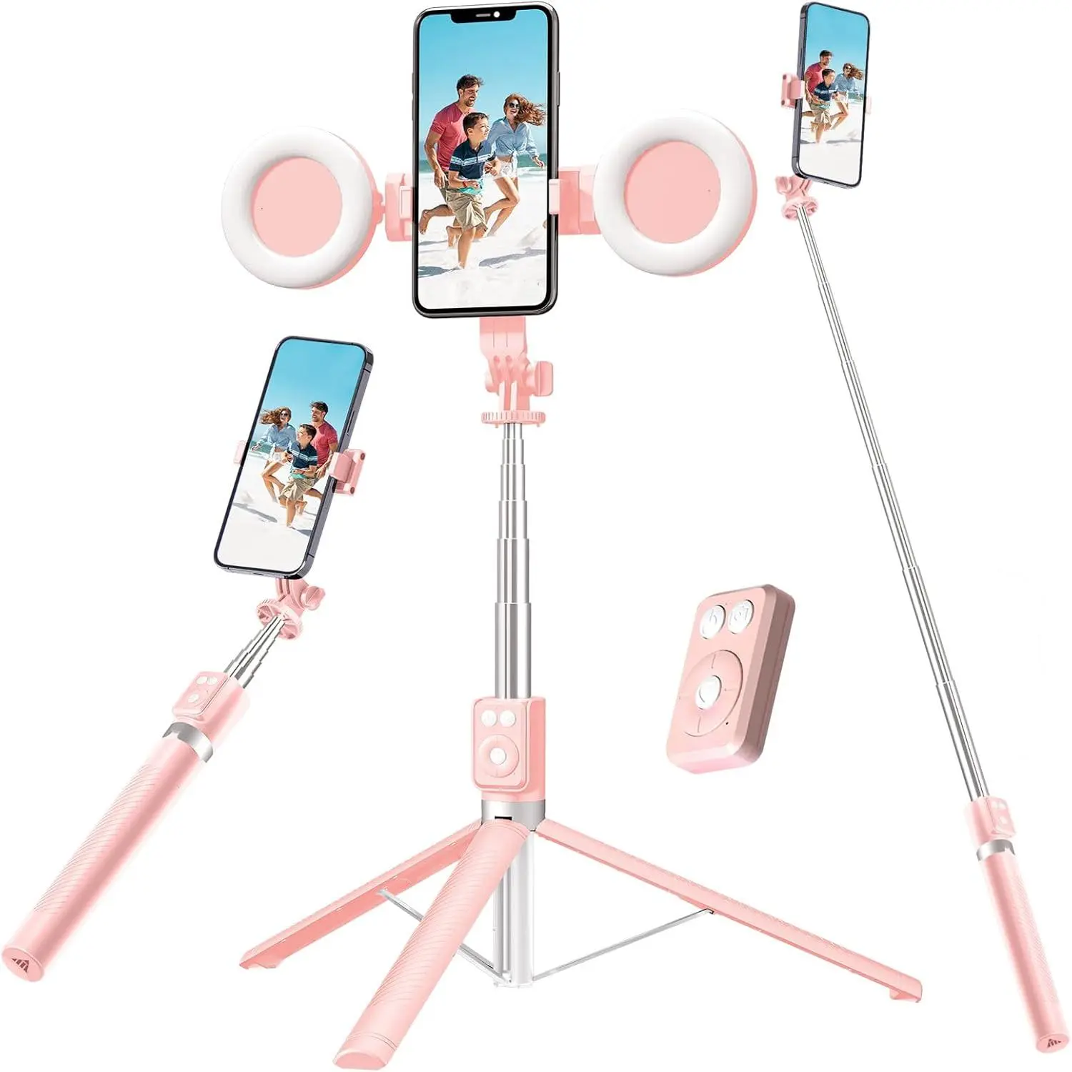 Selfie Stick Tripod with Fill Light, Phone Selfie Stick,Durable Stainless Steel Design, Remote Control,and Stable Three-Legged Support for Live Broadcasts,Video  (Pink)