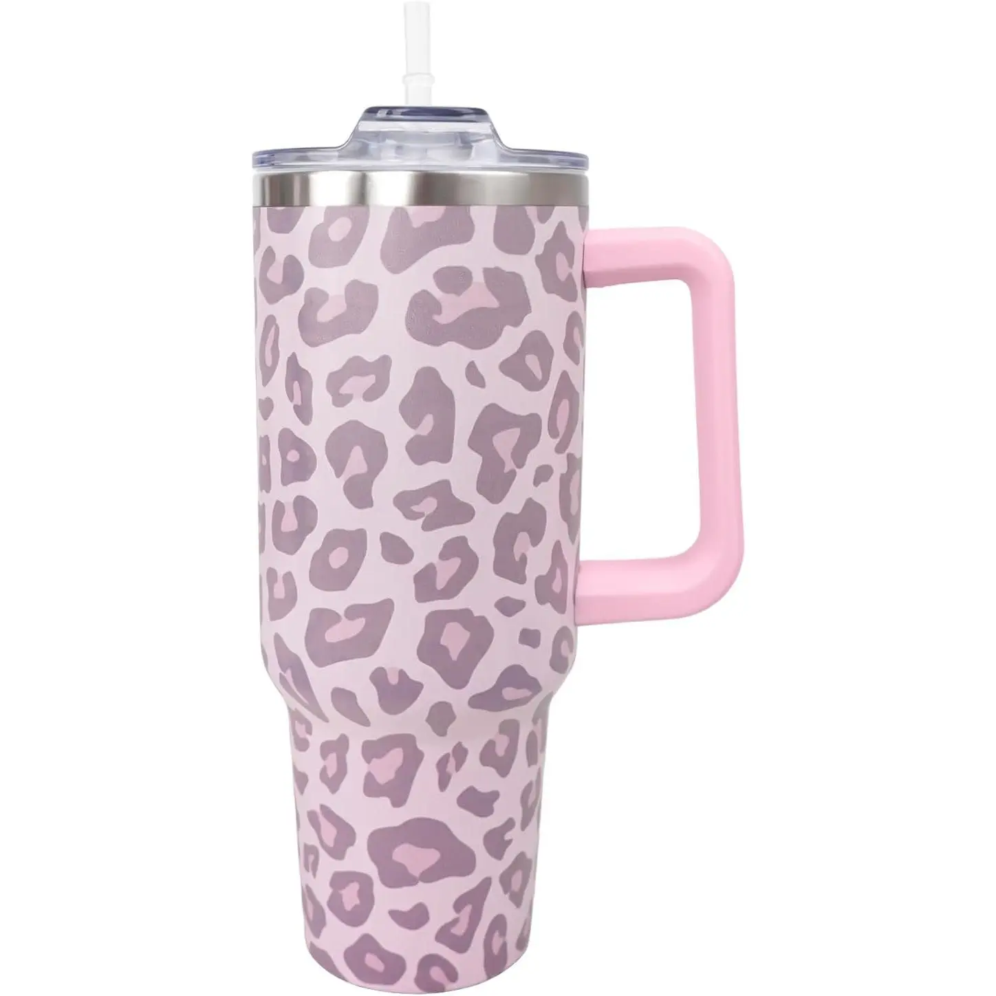 Women's 40oz Printed Animal Print Stainless Steel Insulated Tumbler Mug - Portable Pink Cheetah Beverage Drinkware, Narrow Base Fits Holders, With Handle, Straw, Lid, For Coffee/Tea, Birthday Gift For Her, Kitchenware Vacuum Flask