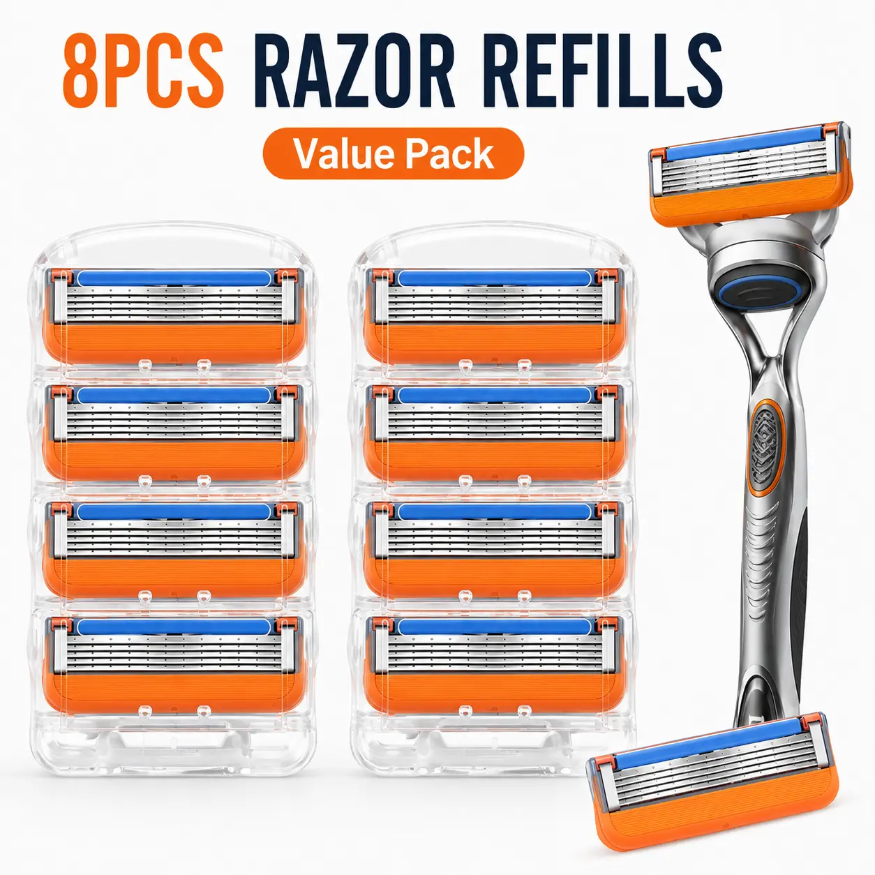 Men's 8PCS 5-Blade Razor Blade Refills, Easy Snap-On Razor Head Refills with Lubricating Strip, Protective Case for Face & Body Grooming (Party Gift Home Supply)