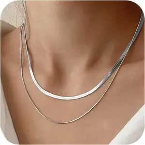 TikTok Viral Double Layer Silver Herringbone Necklace - Dainty Waterproof Stacked Chain for Women love gift