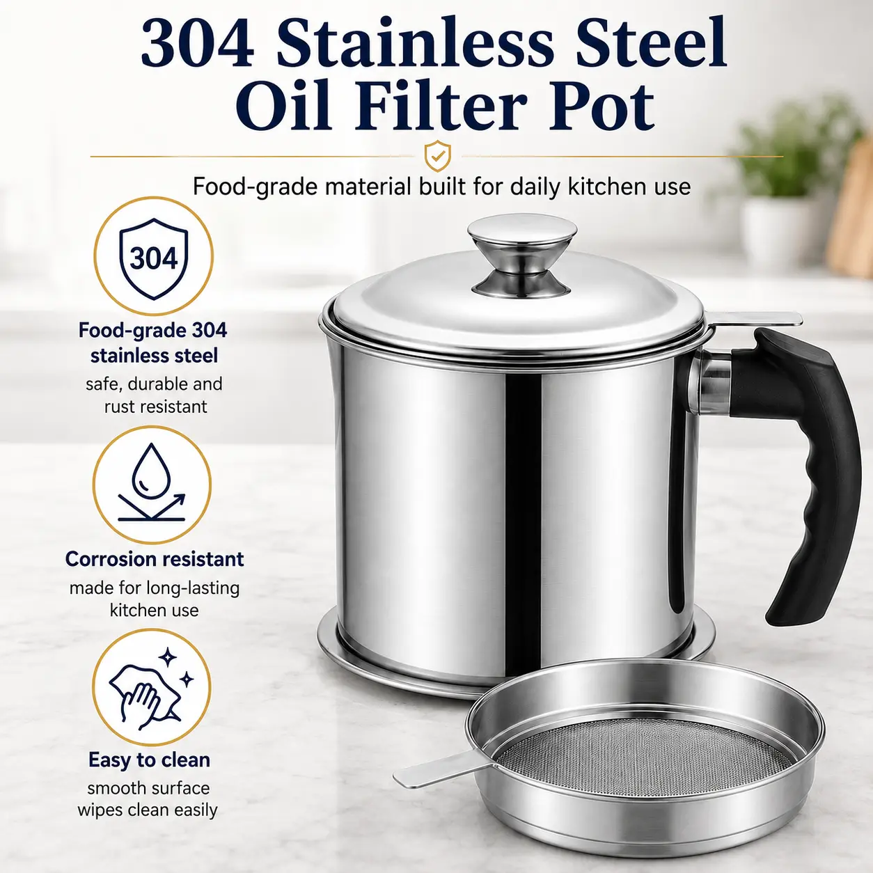 304 Stainless Steel Oil Filter Pot – Kitchen Grease Separator Container with Fine Mesh Strainer – Reusable Cooking Oil Storage Can for Frying & Deep Frying – Rustproof Handle & Lid for Home Kitchen – Dishwasher Safe Gadget