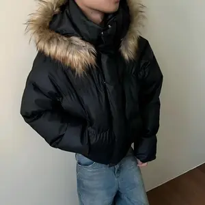 Winter Black Fur Collar Long Sleeve Hooded Puffer Coat, Polyester Fabric, Multi-Size Warm Thick Loose Outerwear, American High-Street Punk Look Fashion Outerwear