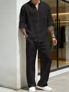 Men's Solid Color Stand Collar Shirt & Wide Leg Pants 2 Piece Set, Relaxed Fit Lightweight Breathable Beach Vacation Outfit, Trendy Casual Suit for Daily Outdoor Sports Wear