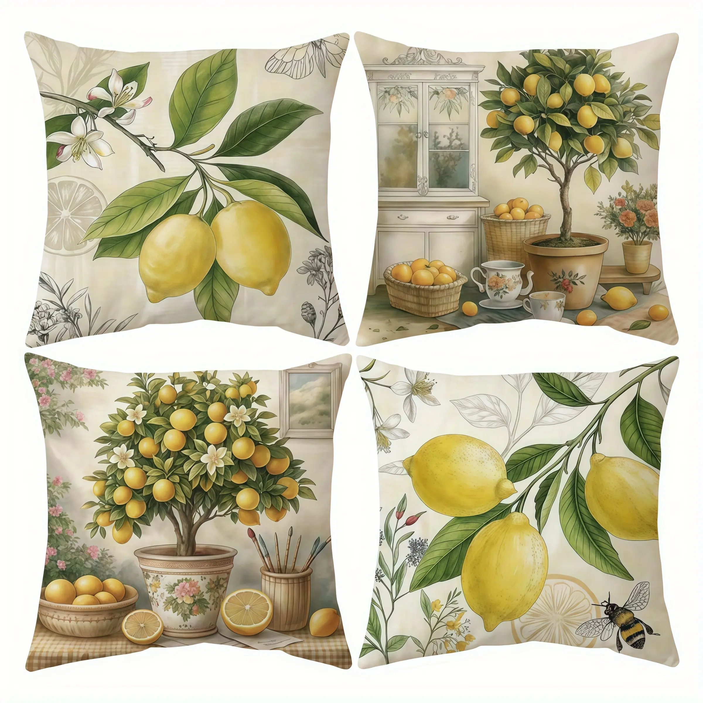 4pcs-Country-Style Citrus Pillow Covers - Charming Lemon And Orange Patterns, Home Textile, Home Spring Décor Products, Suitable Living Room, Bedroom, Sofa and Bed Decoration, 2D Flat, Single Sided Printing, No Pillow Core