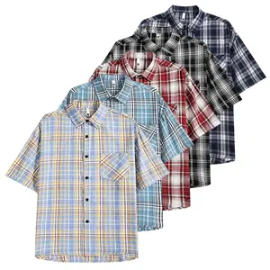 Men's Vintage Plaid Short Sleeve Button Down Shirt |     Oversized Casual Checkered Shirt with Pocket for Summer