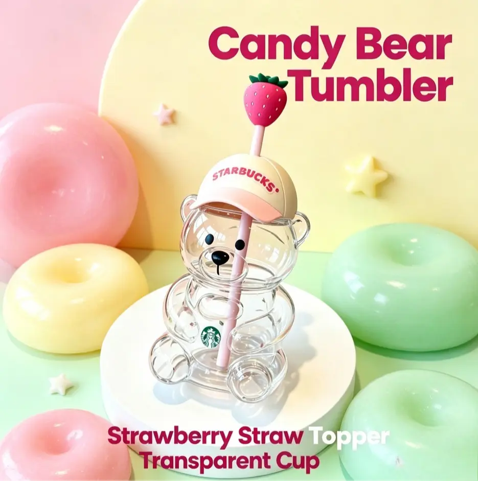 SummerWins  Strawberry Bear Shaped Glass Cups, Romantic Pink & Green Teddy Bear Glass Mug with Airtight Cap, Decorative Drinking Jar for Valentine’s Party Decor, Engagement, Anniversary Gift, Creative Cocktail & Soda Glassware