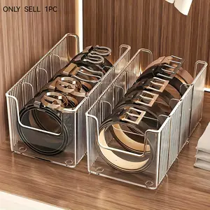 High Capacity Transparent Plastic Belt Organizer Box, 4 Compartments with Removable Dividers, Desktop Makeup Storage Shelf