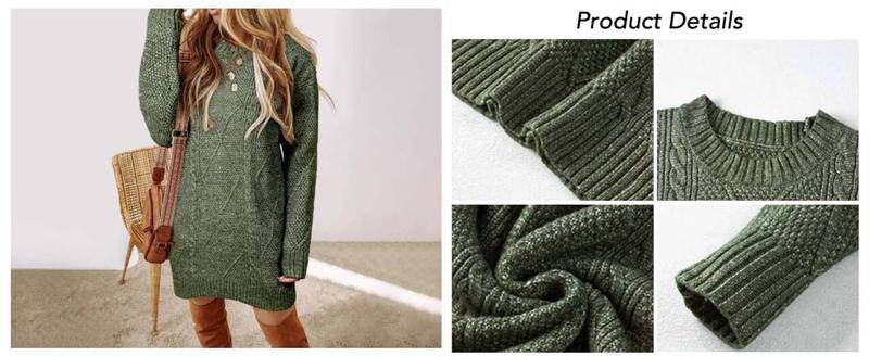 ChicMe 2025 Women's Round Neck Long Sleeve Sweater Dress Casual Loose Fit Cable Knit Pullover Mini Dress