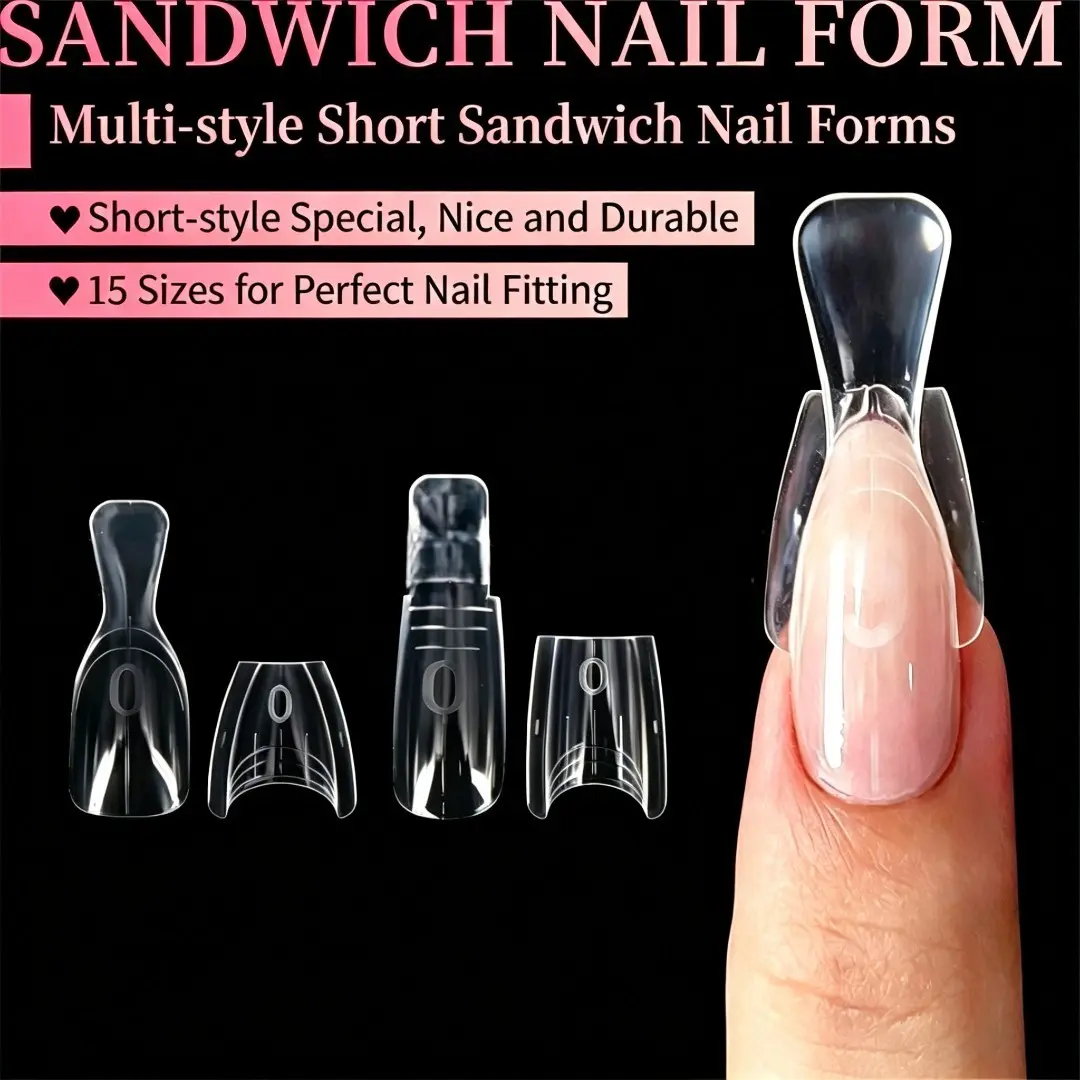 Original Sandwich Nail Sets, 30pcs Short Square & 30pcs Short Oval, Quick Nail Extension, 15 Plastic Sizes, Salon-Quality Tool, Nail Forms, Nail Extension Art, Nail Art Supplies