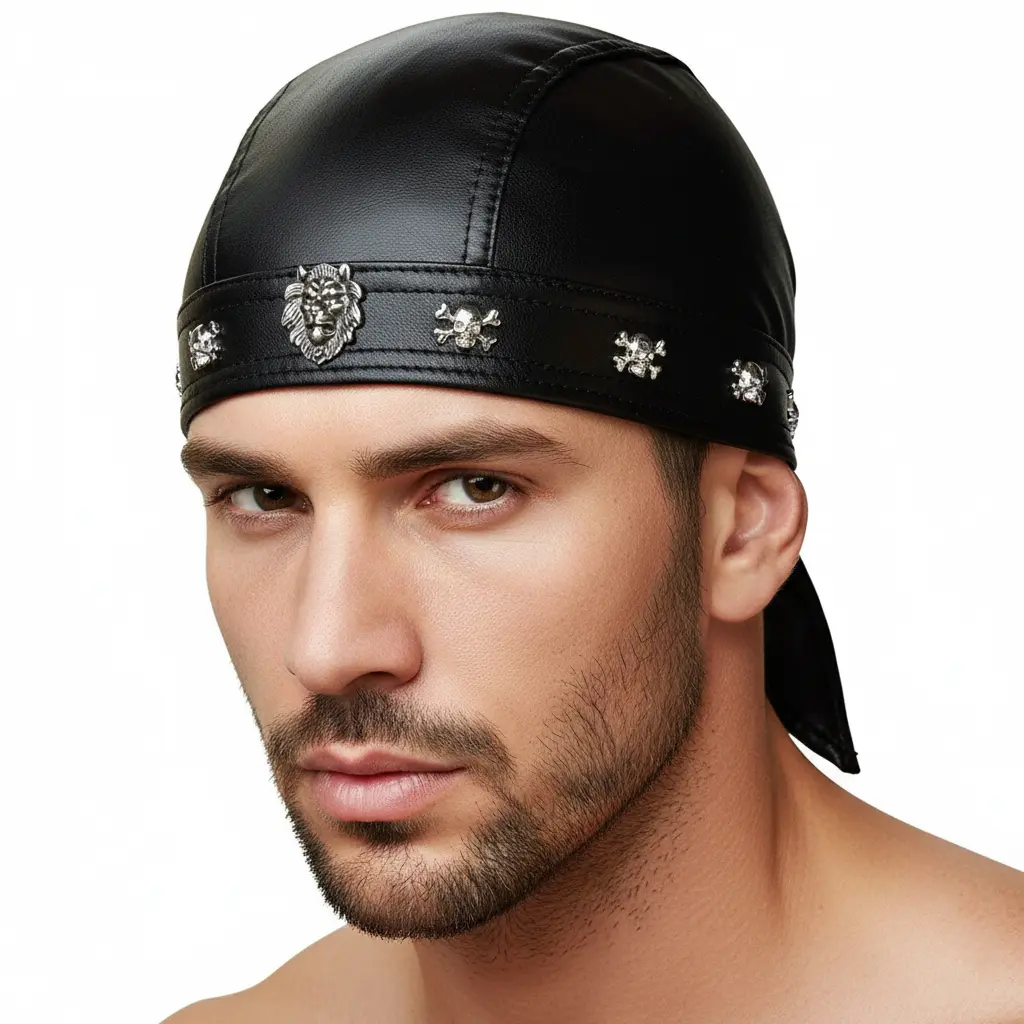Genuine Sheep Leather Skull Cap Studded Biker Do Rag Adjustable HWL1005 Studded Leather Headwrap Doo Rag– HighwayLeather main image 4