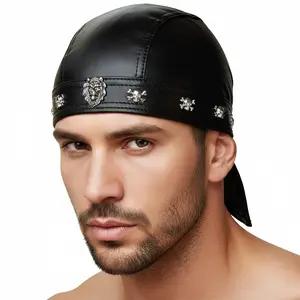 Classical Lion Biker Leather Skull Cap for Men and Women Cycling Bandana Motorcycle Riding Hat Adjustable Doo Rags Skull Rivets Pirate Hat