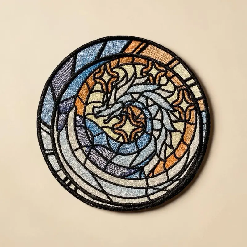 Stained Glass Style Dragon Embroidered Patch - Multi-Size Sewing Accessory, Versatile Sizes, Medieval Fantasy Motif, Medium 5.87"x5.88", Large 6.87"x6.88", Unique Embroidery to Add Medieval Fantasy Touch to Jackets, Bags for Enthusiasts