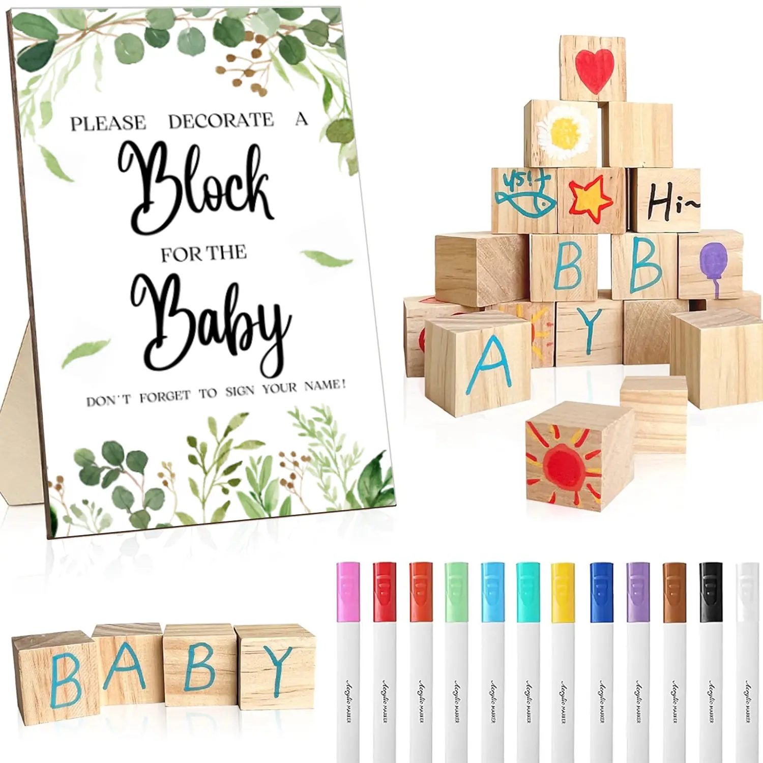 43pcs Baby Shower Game Party Set, Unique Baby Shower Ideas, Gender Reveal, Includes 30 DIY Blank Wooden Blocks, 12 Markers, Decorate a Block Game Sign, Party Supplies
