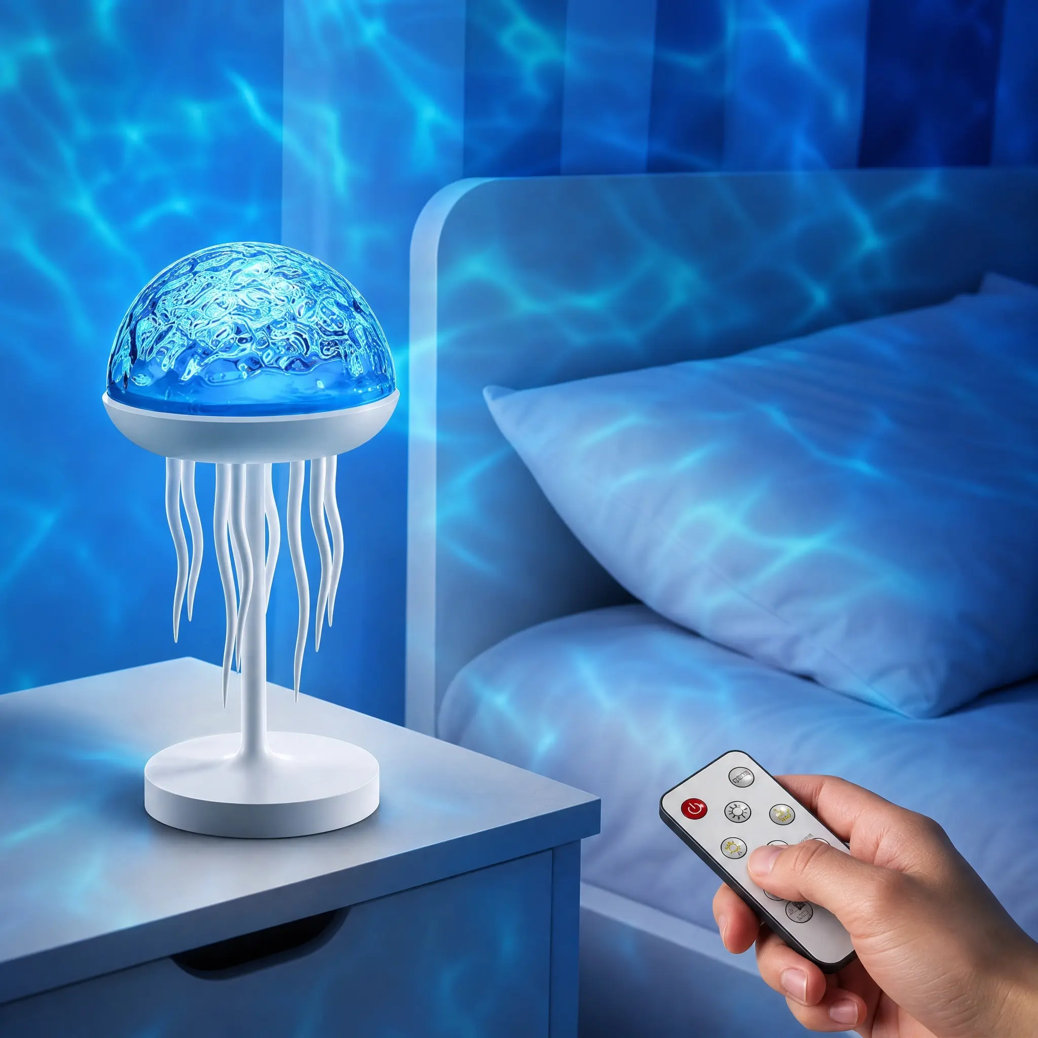 Wireless Remote Control Silicone Jellyfish Ambient Lamp - Multi-Color Projection, 7 Lighting Modes, 3 Lighting Modes, Dimmable Water Ripple Wall Decor, 1A, Gaming/Reading Use, Ideal for Bedroom, Unique Functional Gift for Adults