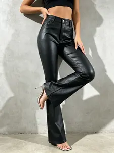Women's High-Waisted Faux Leather Flare Pants, Stretch Slim-Fit Bootcut Trousers, Casual Night Out Street Style Long Pants