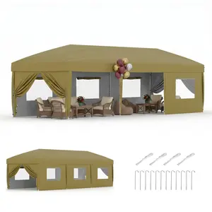 10x30ft Pop Up Canopy with 8 Removable Sidewalls, UV50+ Portable Outdoor Canopy with Sandbags, Stakes & Guy Ropes, 3-Level Height Adjustment, Party Tent for Weddings, Beaches, Parties, Khaki