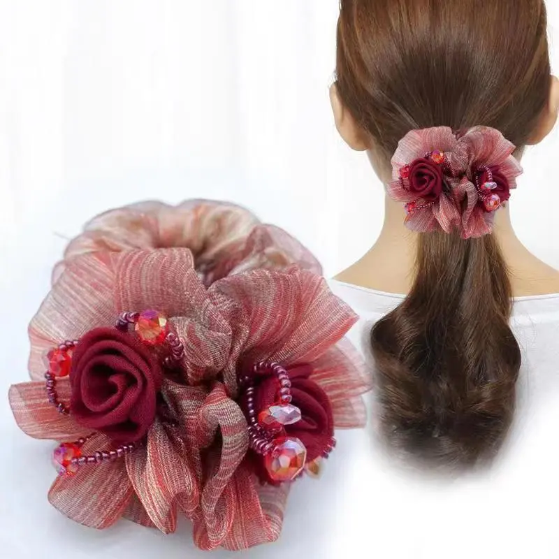 Rose Flower Hair Scrunchies for Women Rhinestone Elastic Hair Bands Ponytail Holders Lace Hair Scrunchies Ties Elastics Bands Rubber Hairbands Hair Accessories for Parties Daily Use