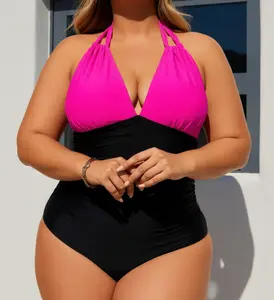 Must-have for plus-size curvy girls｜2026 Summer Plus Size Pink and Black Spliced Halter One-piece Swimsuit Deep V-neck Tummy Control One-piece Swimwear Suitable for Curvy Women Slim Fit for Various Curves and Beach Activities - SummerVibes