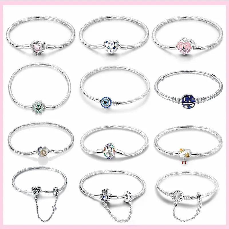 925 Sterling Silver Snake Chain Bracelet for Women with Star, Moon & Blue Eye Charms, Zircon Heart Safety Chain, Fits DIY Charms, Bracelet With Charms