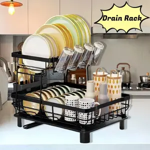 2-Tier Dish Drying Rack,Dish Drying Organizer with Drainboard,Detachable Dish Drainer Organizer,Tableware Drain Storage Shelves,Kitchen Cutlery Room Organizer,Christmas Gift,Mother's Day Gift, Black