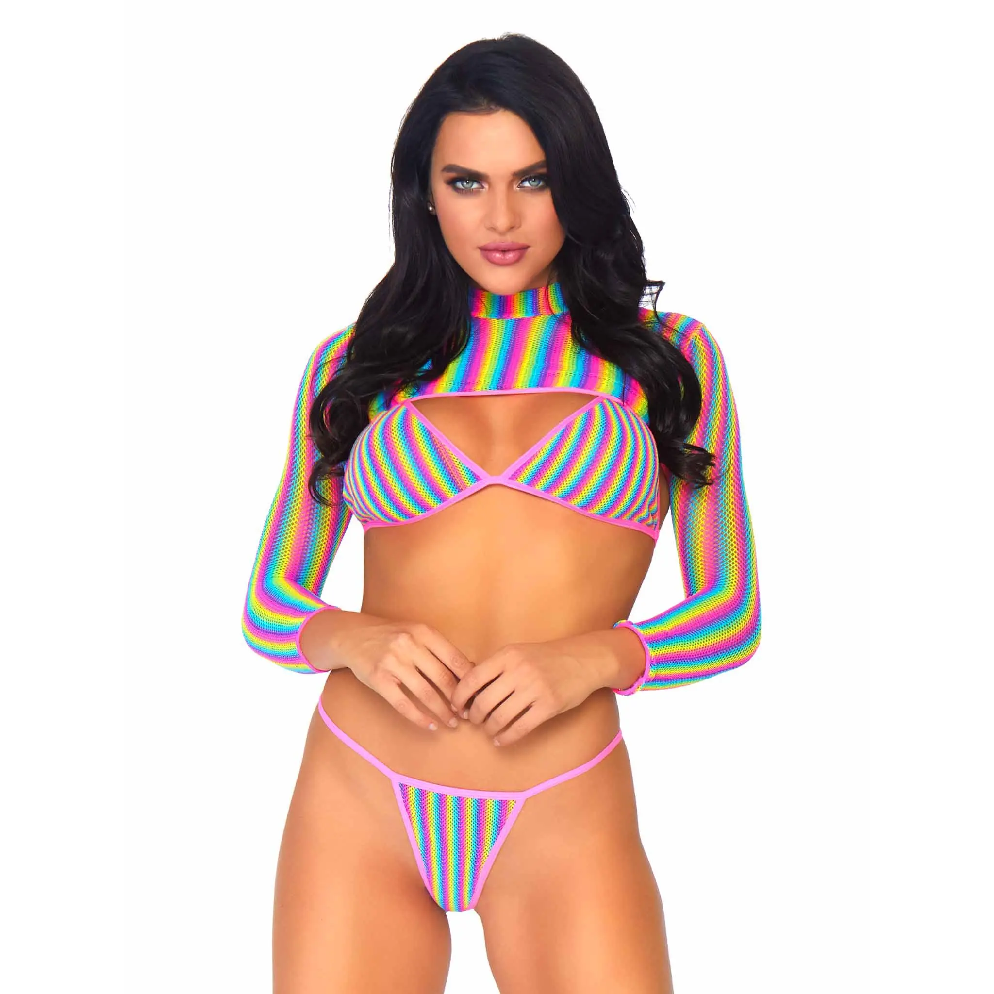 Women's 3-Piece Stretch Fishnet Bikini Set - Includes Long Sleeve Crop Top, Fishnet Bra & G-String, Rave Festival Outfit, Bikini Sets, Long Sleeve Shirt