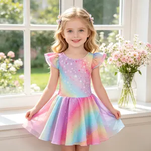 Girls Rainbow Star Ballet Leotard Tutu Dress | Ruffle Sleeve Sparkle Dancewear for Toddler Recital & Ballet Class