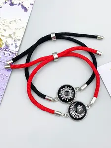2pcs Sun Moon Fashion Men'S Red Rope Black Rope Unisex Couple Adjustable Length Women'S Wristband Gift for Friends Family Holiday Birthday Present