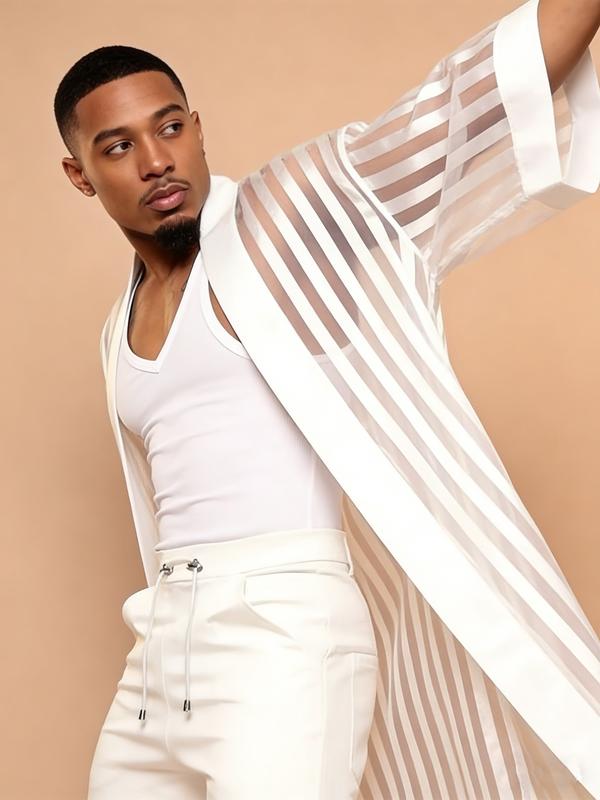 Men’s Sheer Striped Kimono Jacket – White Statement Layer for Nightwear & Fashion Styling