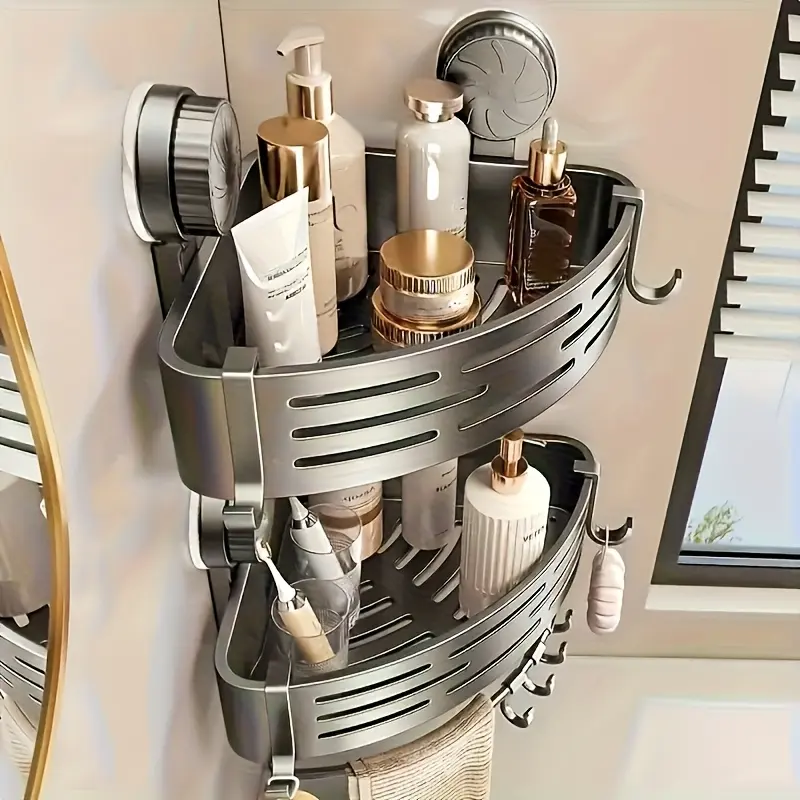 Metal Bathroom Suction Cup Rack with Hooks, No-Drilling, Space-Saving Triangular Design, Multi-Purpose Storage Organizer for Shower & Toilet Walls