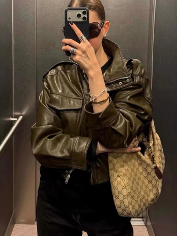 Women's Cropped Bomber Jacket Demi-Season Faux Leather Jacket Long Sleeve Green Black Jacket Women's Moto Biker Zipper Jacket Street Short Coat Aviator Jackets