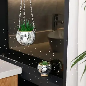 1 Disco Ball Hanging Mirror Flower Pot Storage Pen Holder Makeup Brush Storage Bucket Multi-purpose Exquisite Hanging Basket Flower Pot Glass and Plastic Material, with Metal Chain and Wooden Ring Christmas Gift