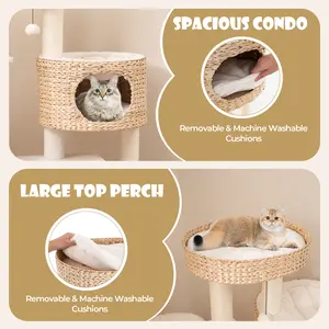COSTWAY - Modern Cat Tree for Indoor Cats with Cattail Fluff Condo and Top Perch-Natural