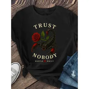 Casual Short-Sleeve T-Shirt For Women Featuring A Scorpion And Rose Design, Perfect For Spring And Summer