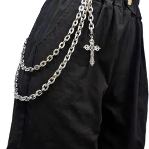 Punk layered pants chain, fashionable heart-shaped cross rivet tassel wallet chain, hip-hop pocket chain, gothic jewelry keychain men's wallet