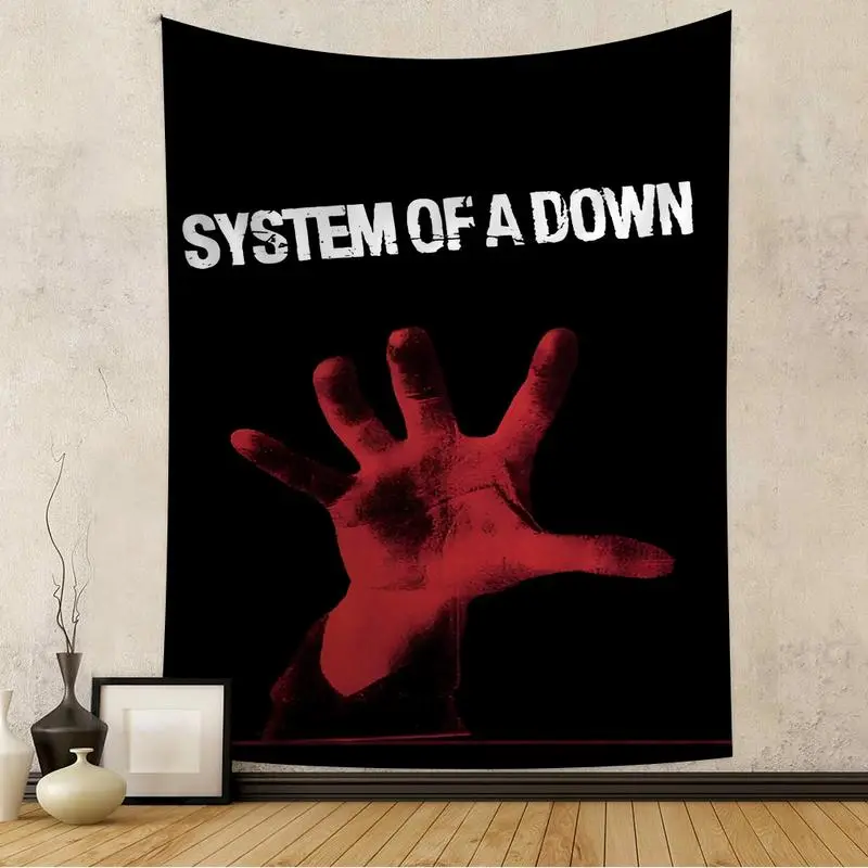 Punk Style System of a Down Aesthetic Velvet Wall Tapestry - Black Background, Red Hand Design, Peach-Themed Home Decor Artwork Print Tapestry for Room Decoration, Artwork Print Tapestries