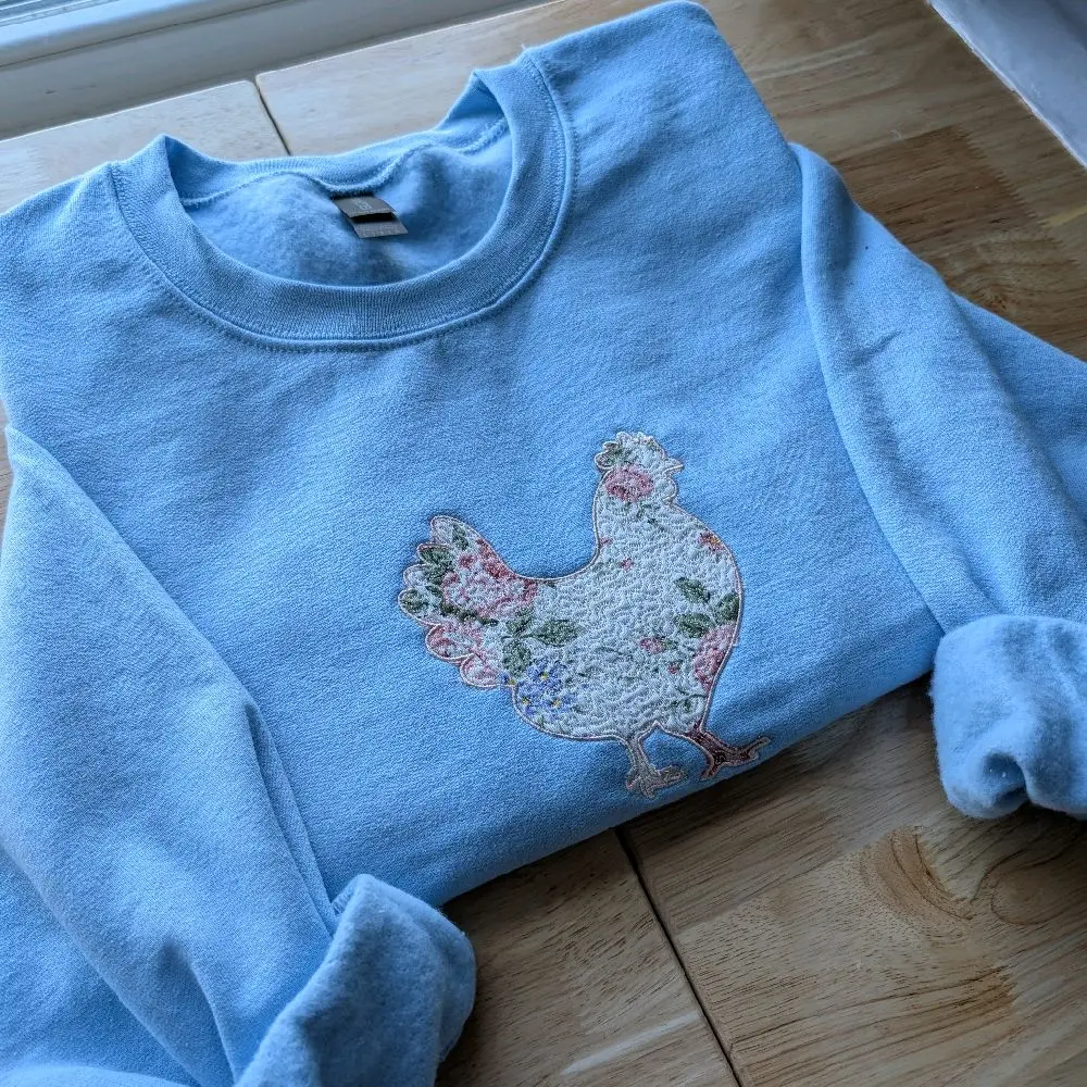 Floral Quilted Chicken Embroidered Gildan Crewneck Sweatshirt