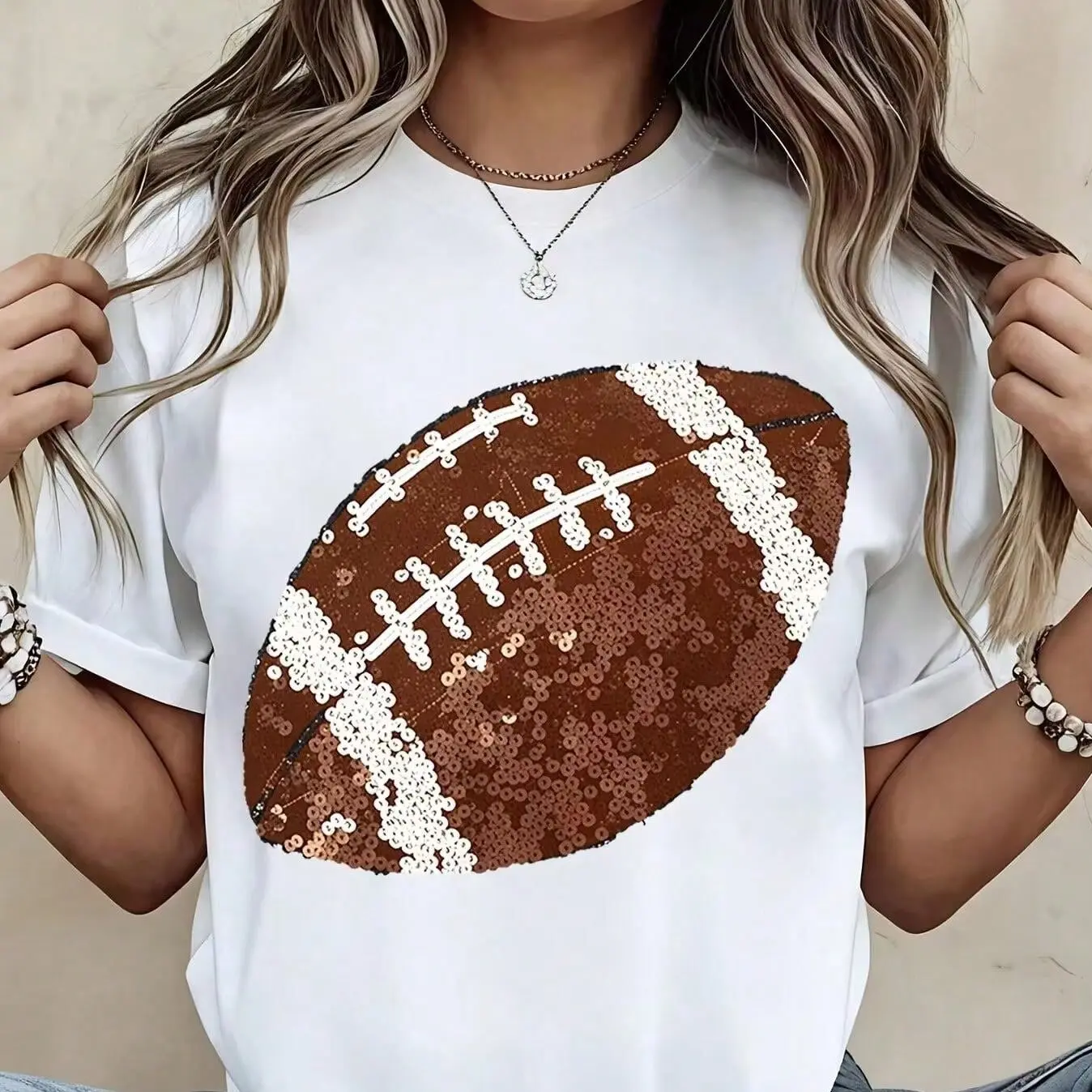 Football Sequin T Shirt Women Casual Short Sleeve Top Sport Theme Graphic Tee Party Wear Fashion Statement Shirt