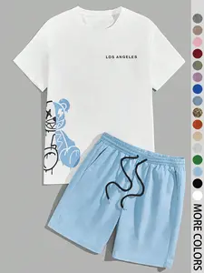 Two-Piece Set Men's Cartoon Bear & Letter Print Short Sleeve Tee & Shorts Set, Regular Fit Casual Round Neck T-shirt & Track Shorts, Summer Clothes Set for Men