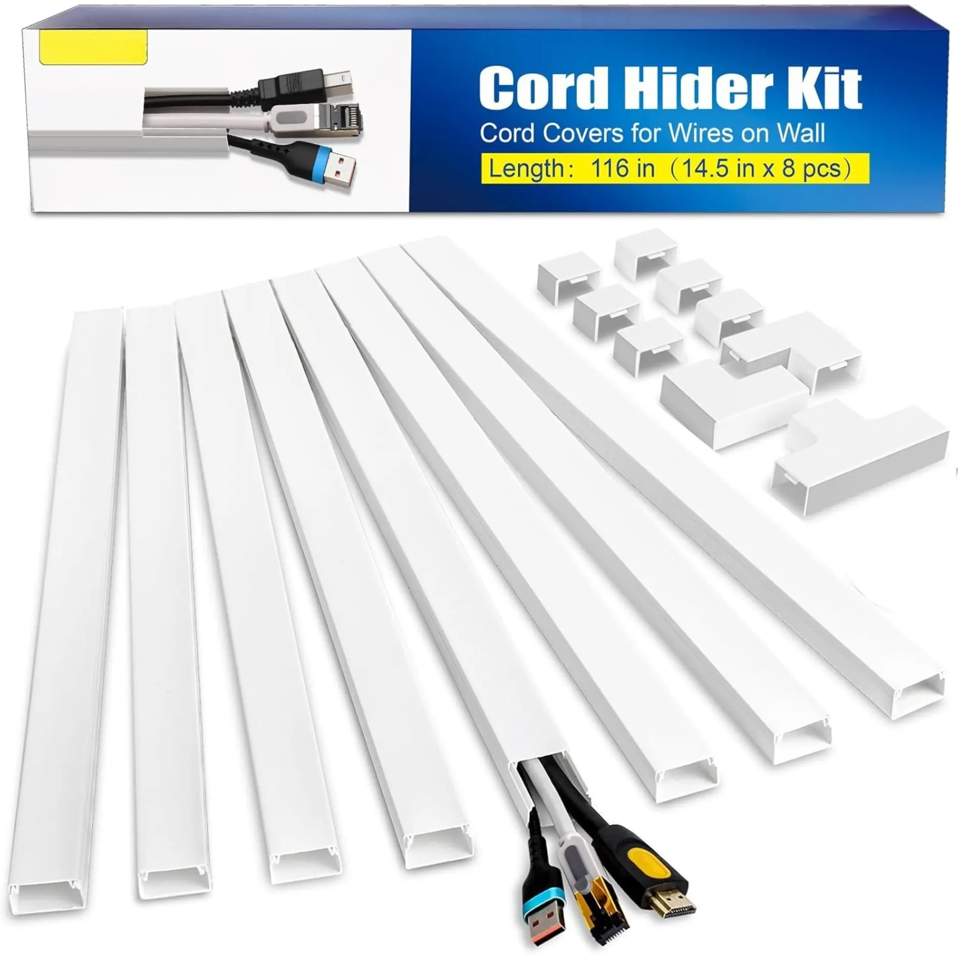 116in Paintable White Cord Hider Kit, 0.96in W x 0.57in H Wire Channel for Wall-Mount TV, Wall Wire Covers (Home Improvement Electrical Supply)