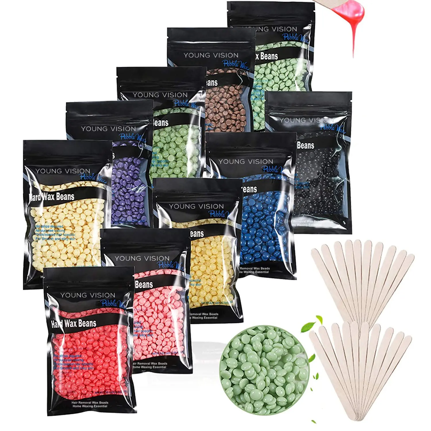 YOUNG VISION Hard Wax Beads For Hair Removal Kit, 1000g, 10 Colors, Home Use, At Home Waxing, Full Body, Gentle, Easy to Use, Remove Extra Hair, Wax Beans