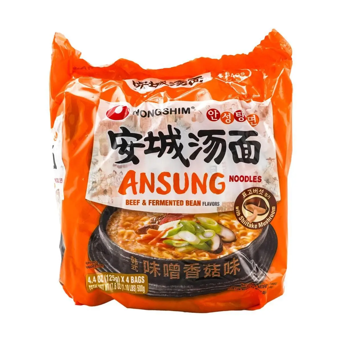 Nongshim Ansung Ramen - Spicy Beef & Mushroom Flavor Instant Noodles, 4-Pack (500g) - Authentic Korean Style Soup Noodles