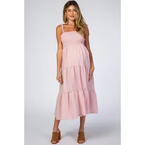 Pink Checkered Tiered Maternity Midi Dress